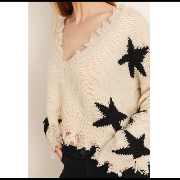 Star frayed hem sweater - BEIGE - Picture 2 of 3
